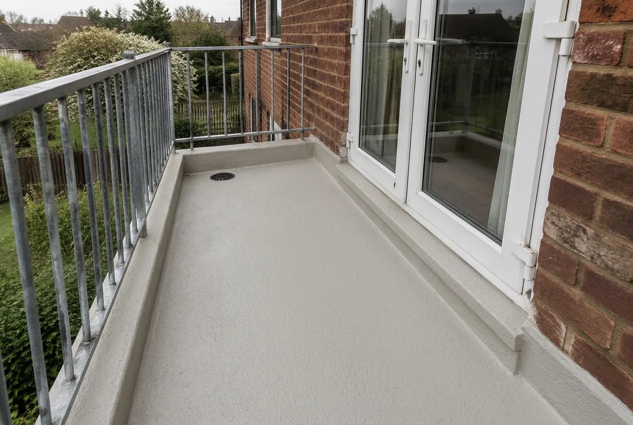 Stone-grey liquid-waterproofed balcony with metal railings and patio doors. AI-generated illustration, not an LMB project.