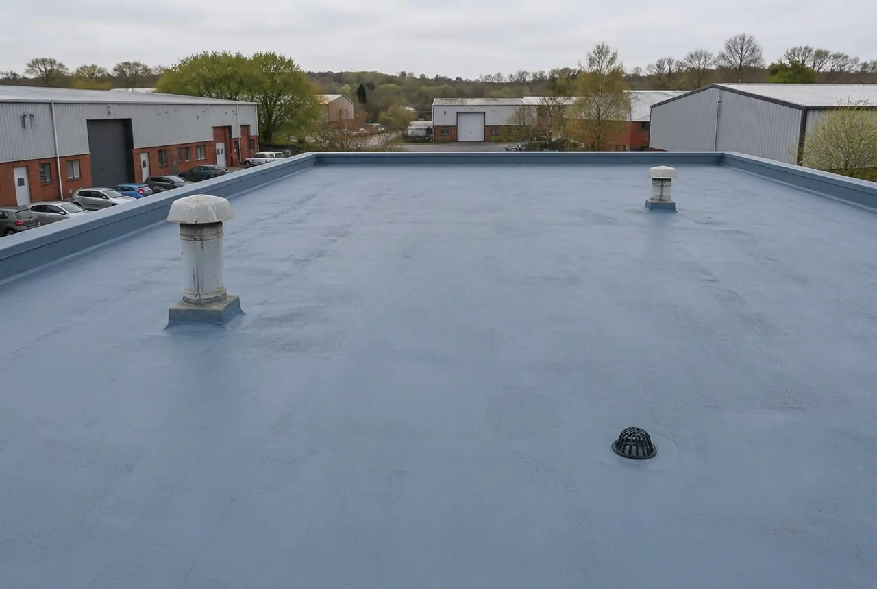 Blue-grey seamless commercial roof with vents on a British industrial estate. AI-generated illustration, not an LMB project.
