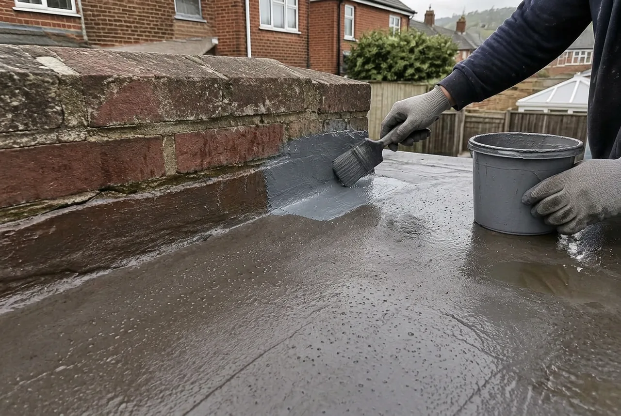 Local liquid repair at a damp British brick parapet after rain. AI-generated illustration, not an LMB project.