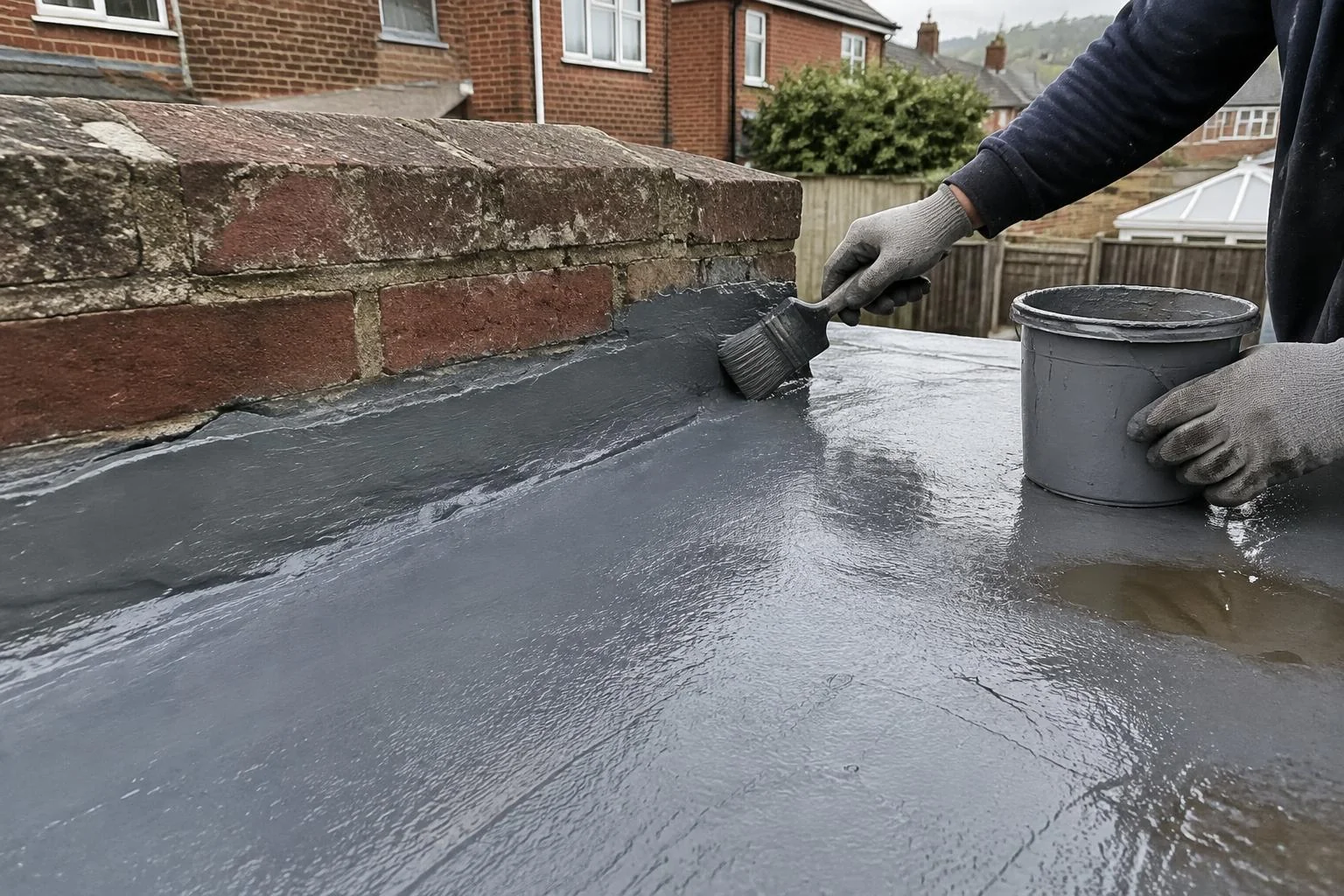 Gloved hands brushing grey liquid waterproofing at a brick flat-roof upstand in a UK residential setting. AI-generated illustration, not an LMB project.