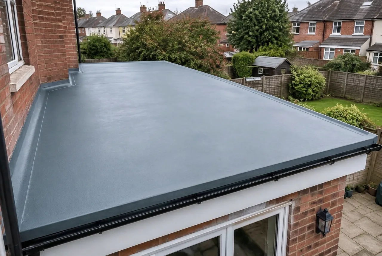 Cool-grey seamless extension roof beside a UK brick house and garden. AI-generated illustration, not an LMB project.