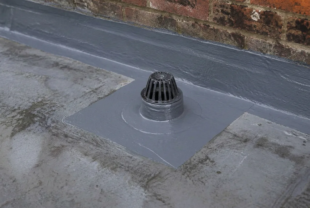 Slate-grey liquid waterproofing repair around a flat-roof outlet. AI-generated illustration, not an LMB project.