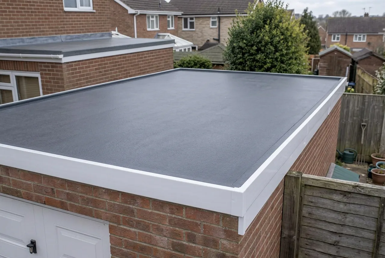 Charcoal replacement flat roof with white edge trim in a UK back garden. AI-generated illustration, not an LMB project.