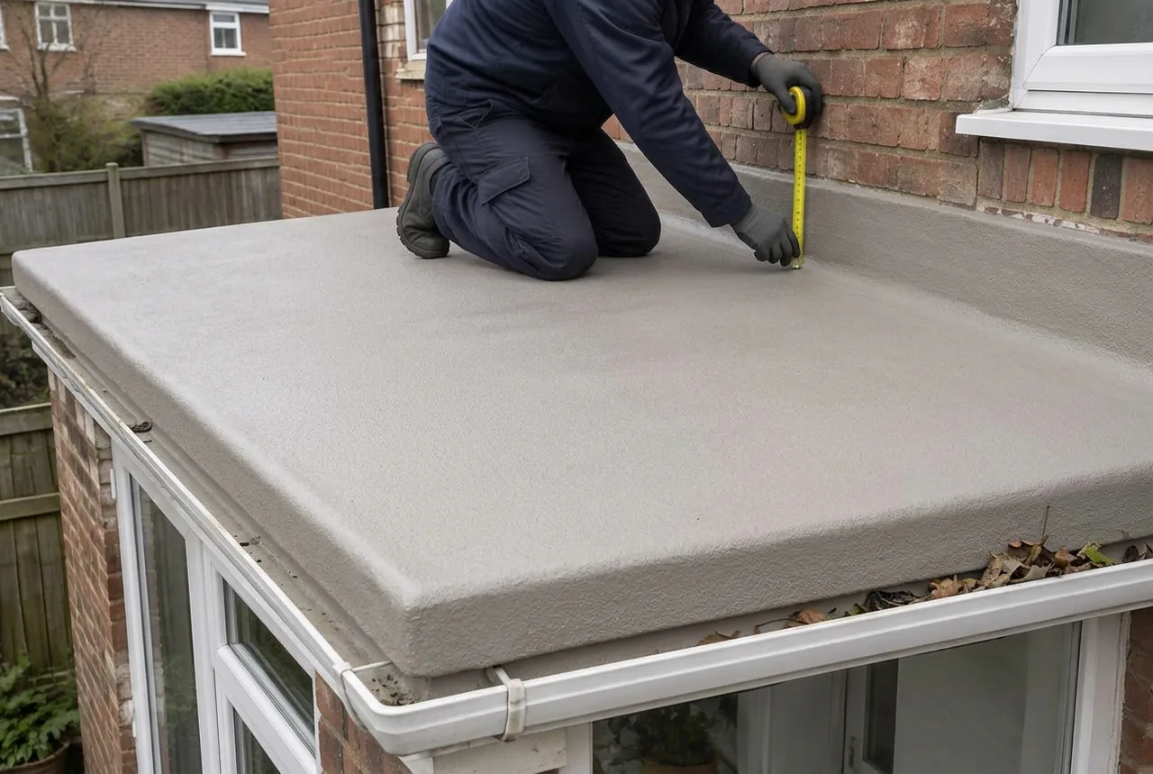 Surveyor measuring a warm-grey flat roof beside a British brick house. AI-generated illustration, not an LMB project.