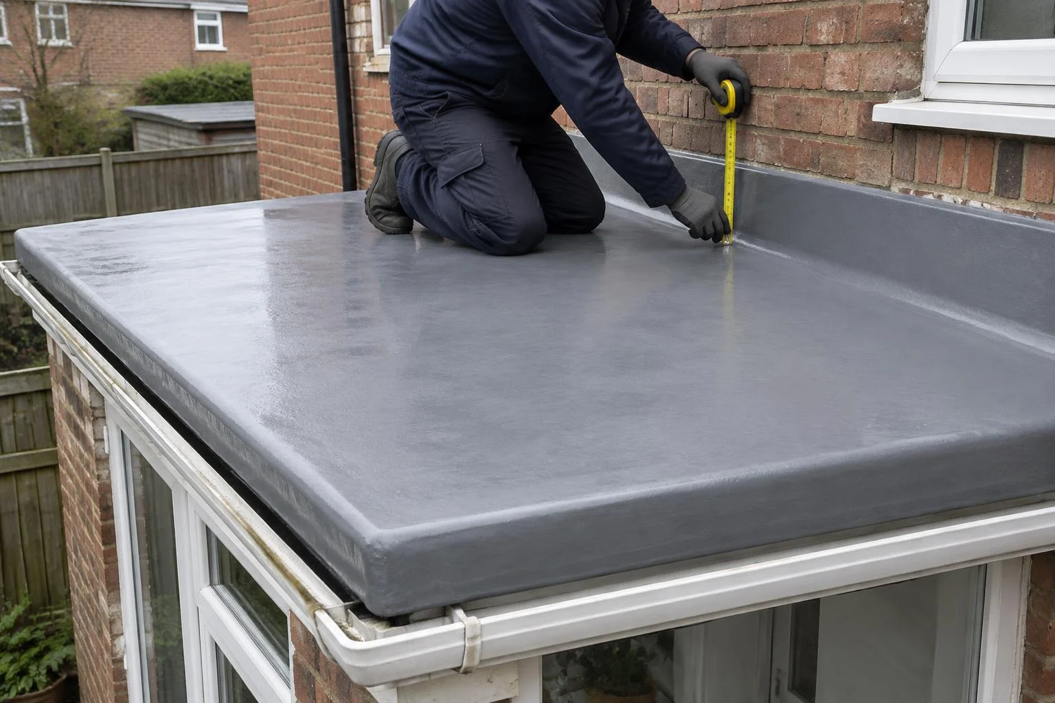 Surveyor measuring a grey seamless flat roof beside a British brick house. AI-generated illustration, not an LMB project.