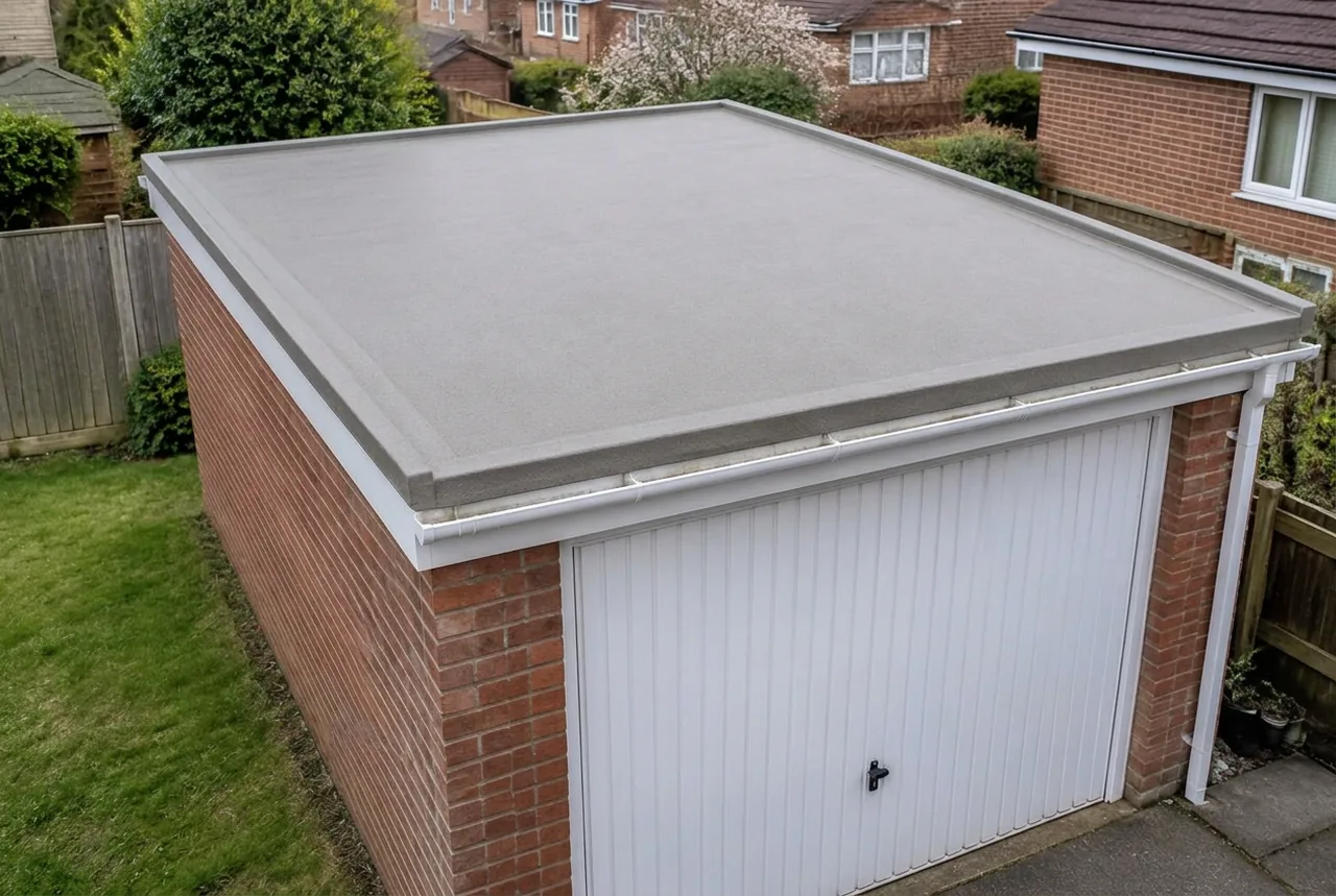 Warm-grey seamless garage roof with white guttering in a British garden. AI-generated illustration, not an LMB project.