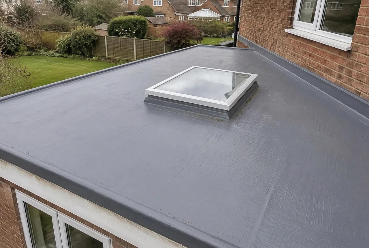 Graphite-grey GRP flat roof with a rooflight beside a British brick house. AI-generated illustration, not an LMB project.