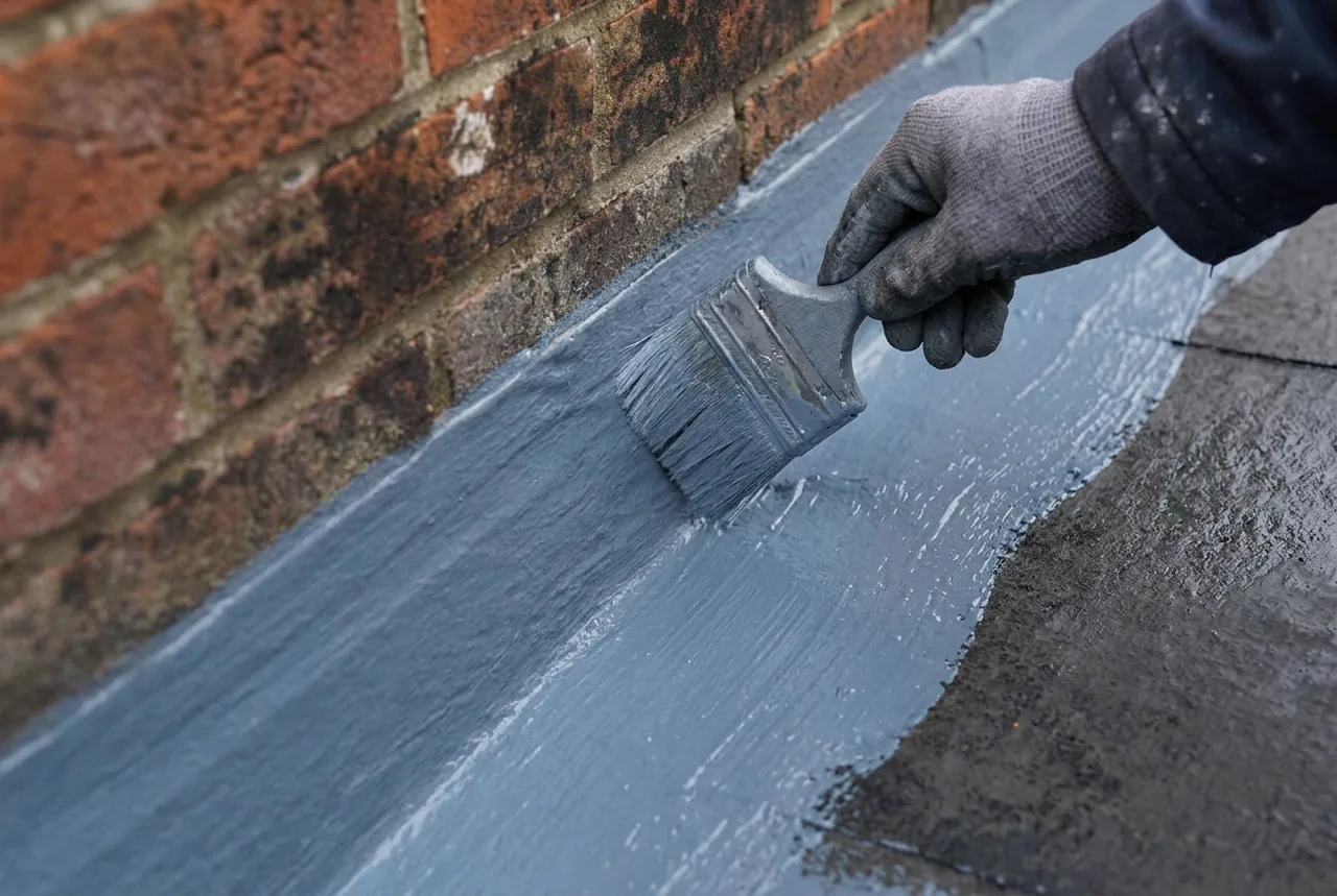 Gloved hand brushing blue-grey liquid waterproofing at a weathered brick upstand. AI-generated illustration, not an LMB project.