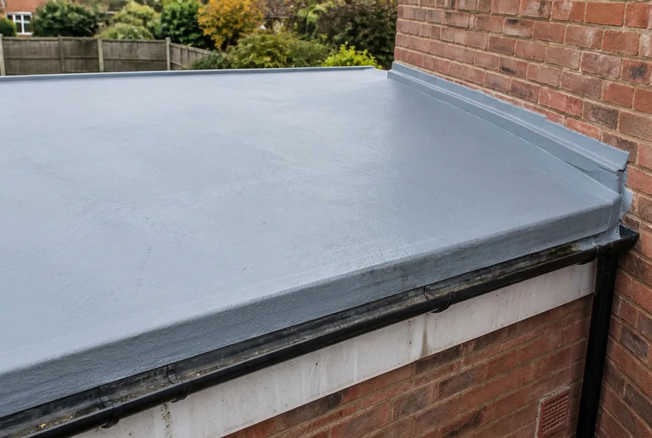 Pale slate-grey seamless liquid roof at a British brick extension edge. AI-generated illustration, not an LMB project.